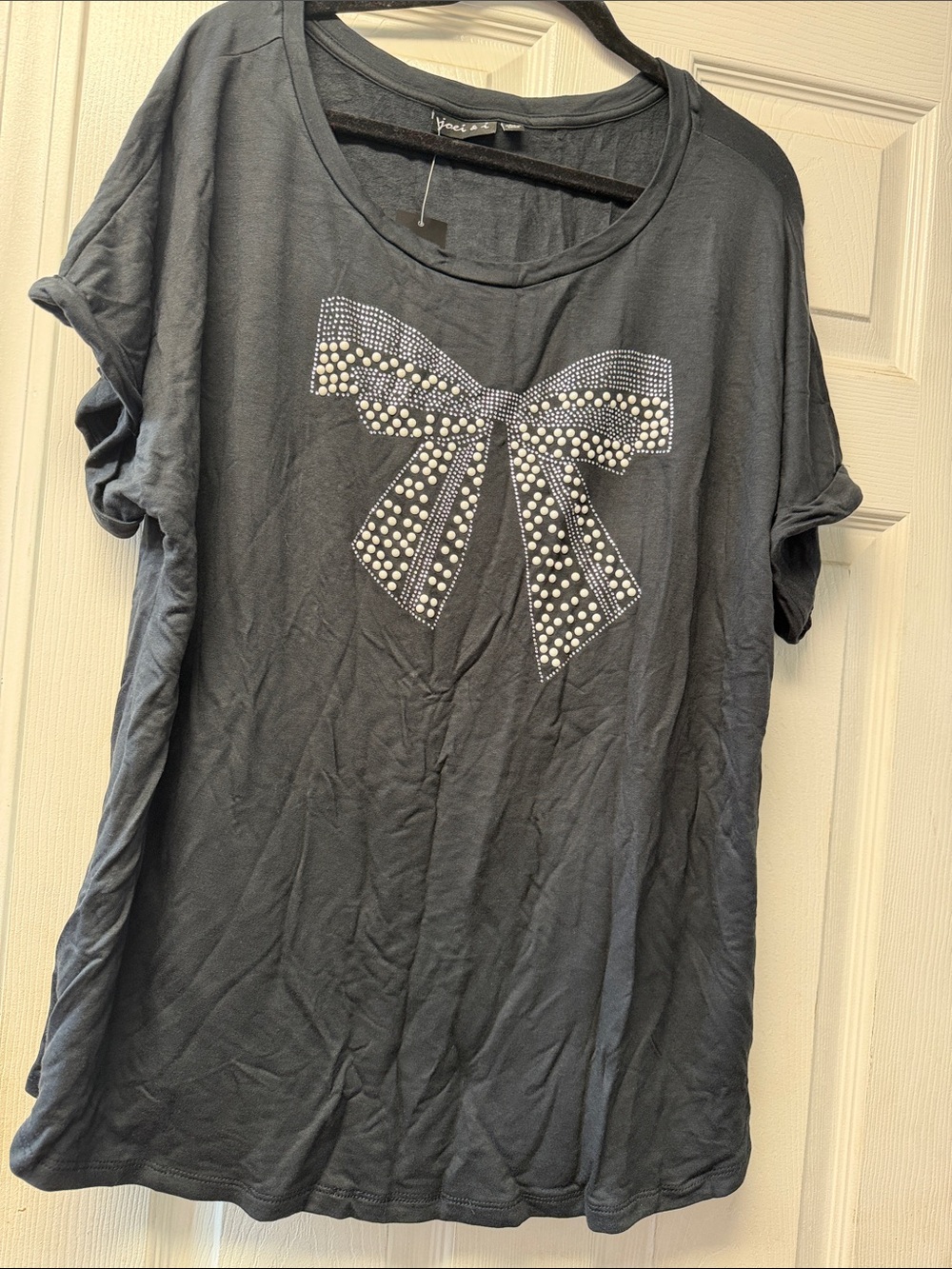 Women's Black Short Sleeve Tee with Studded Bow Detail
